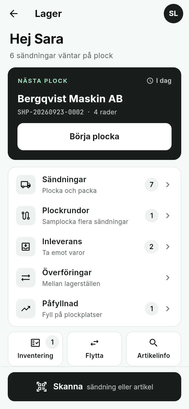 WMS-appens startsida: nästa plock för Bergqvist Maskin AB i dag, och raderna Sändningar, Plockrundor, Inleverans och Påfyllnad med antal