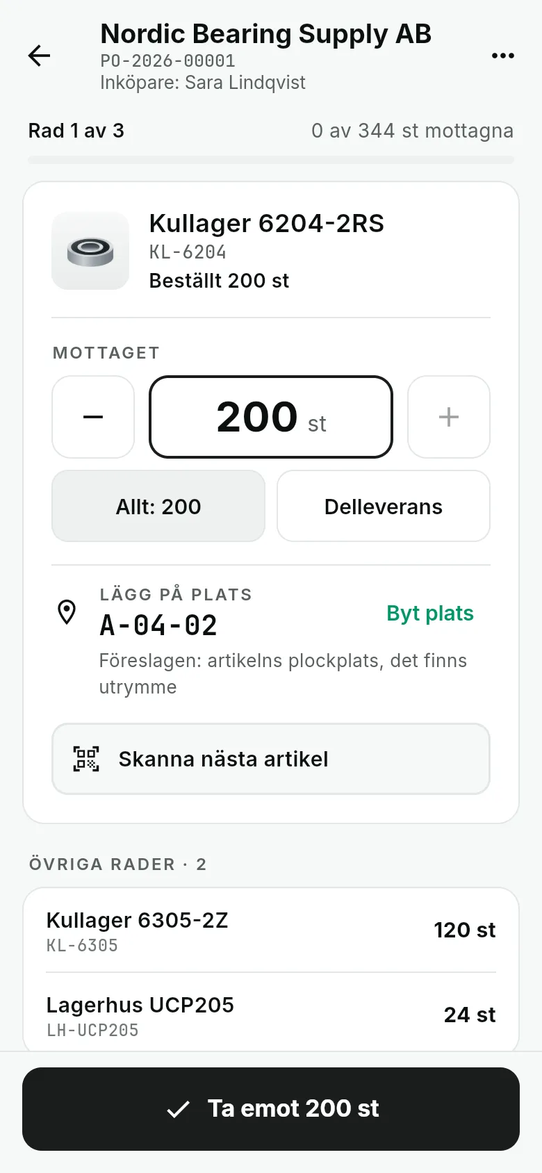 WMS-appen: ta emot 200 kullager mot inköpsorder, med föreslagen plats A-04-02
