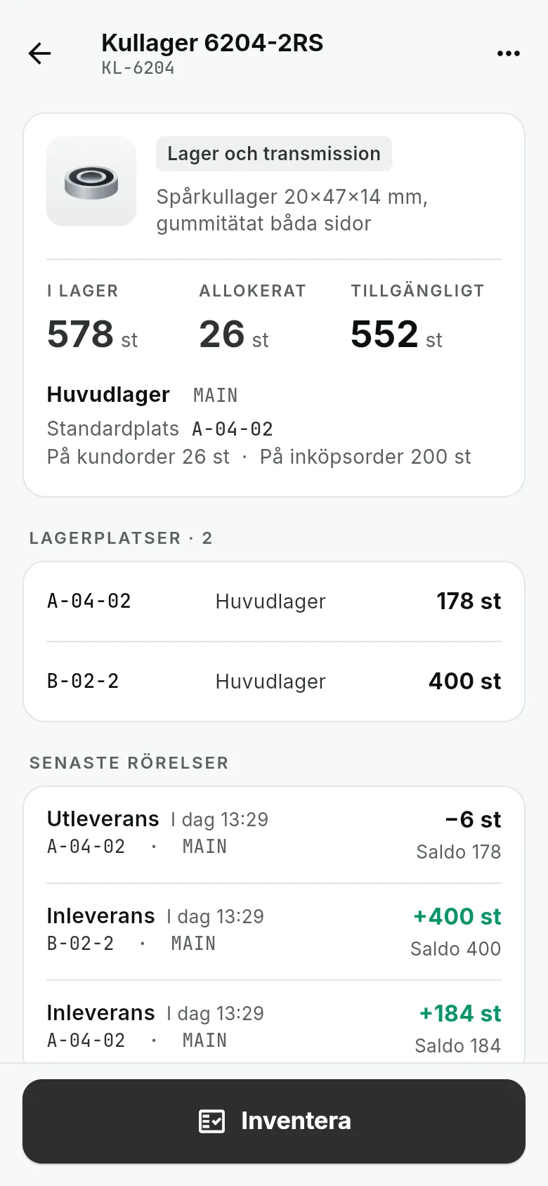 Artikelinfo för ett kullager: 578 i lager, 26 allokerat, 552 tillgängligt, två lagerplatser och senaste rörelser