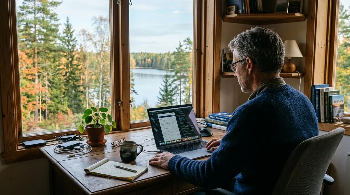 Entreprenör jobbar från hemmakontor med utsikt över svensk skogssjö