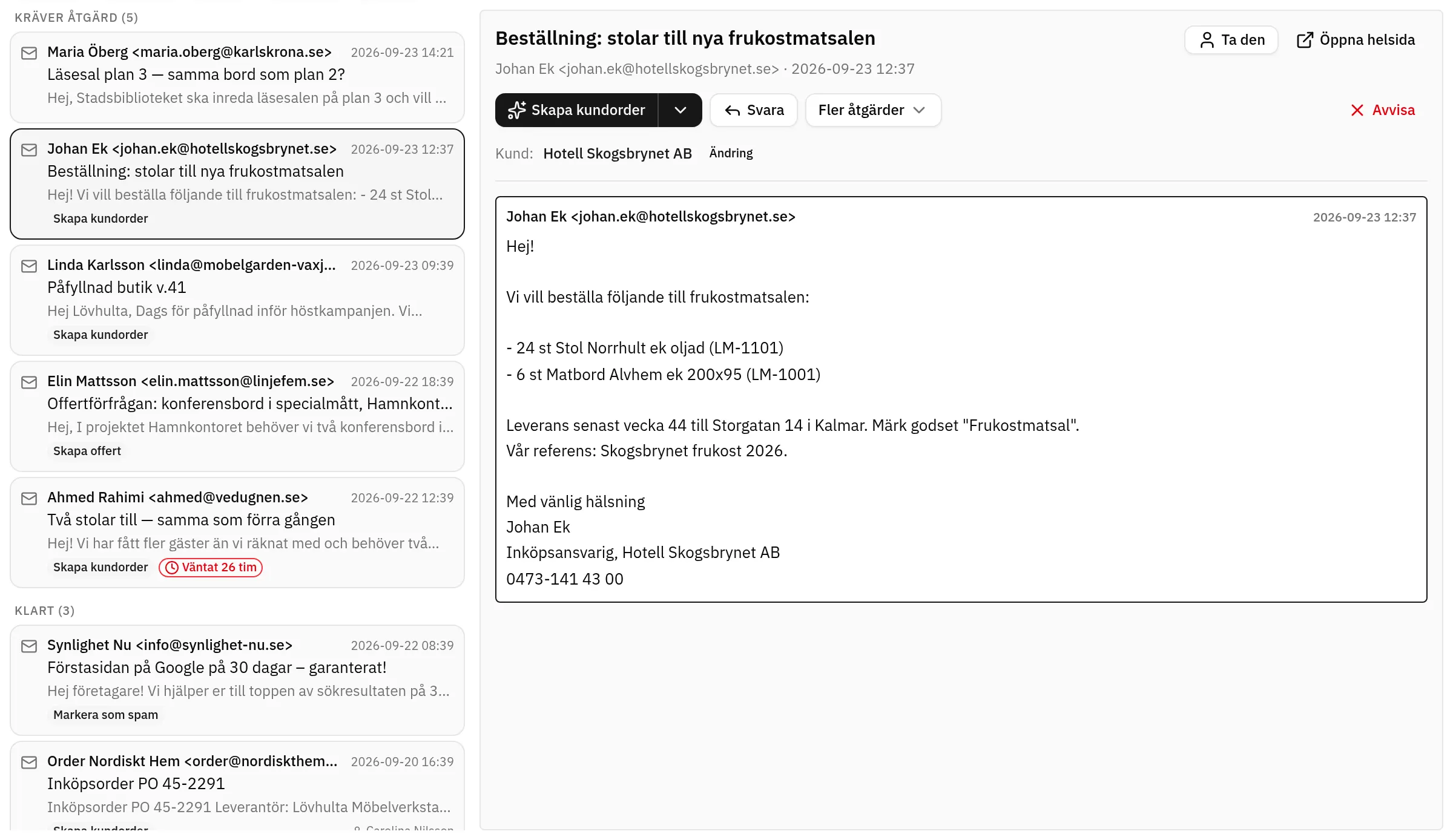 Fluit ERP: orderinkorgen med kundmail i kö och ett markerat mail där Fluit föreslår att skapa en kundorder