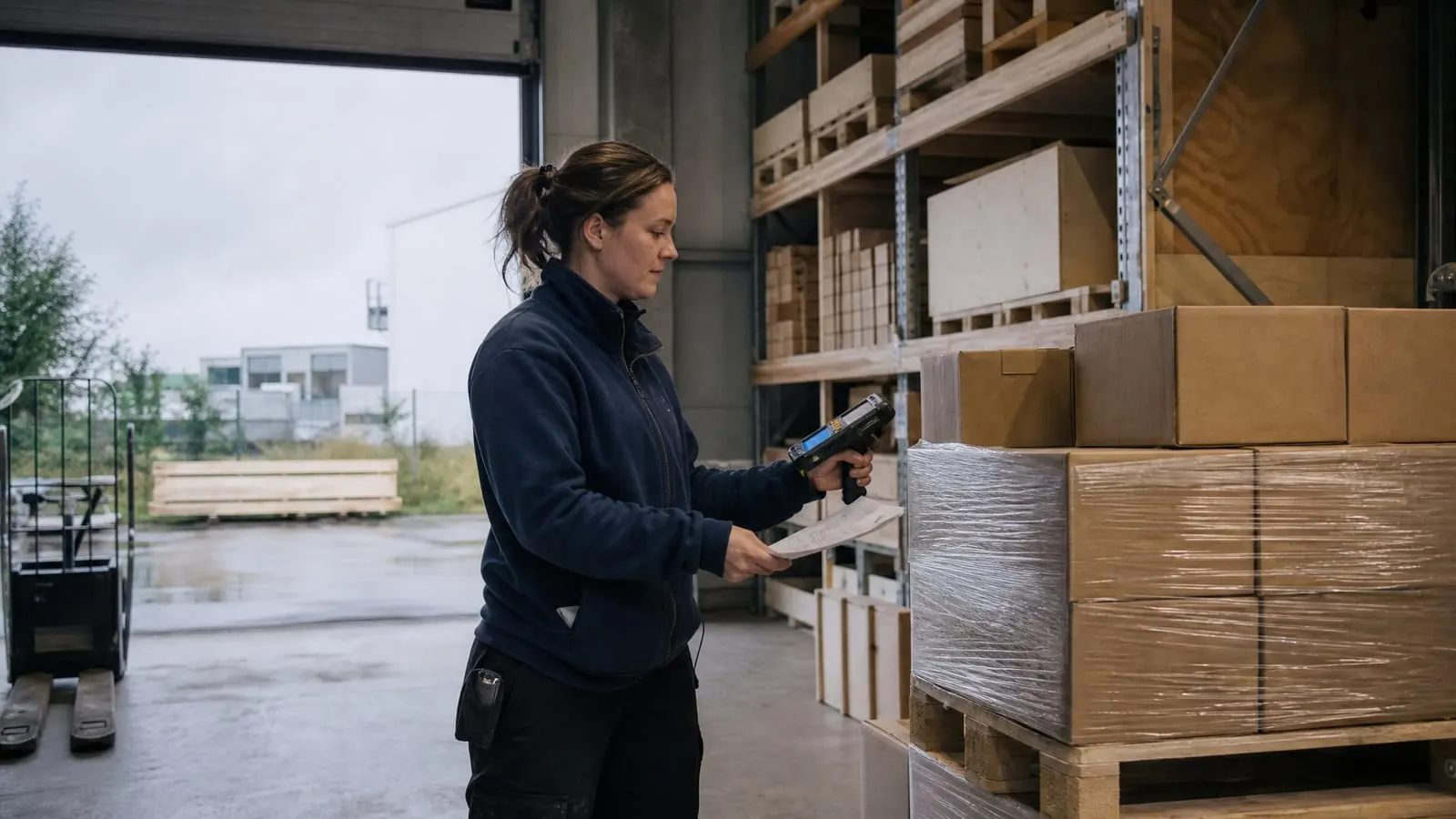 Lagermedarbetare skannar en inplastad pall vid lastporten med följesedeln i handen