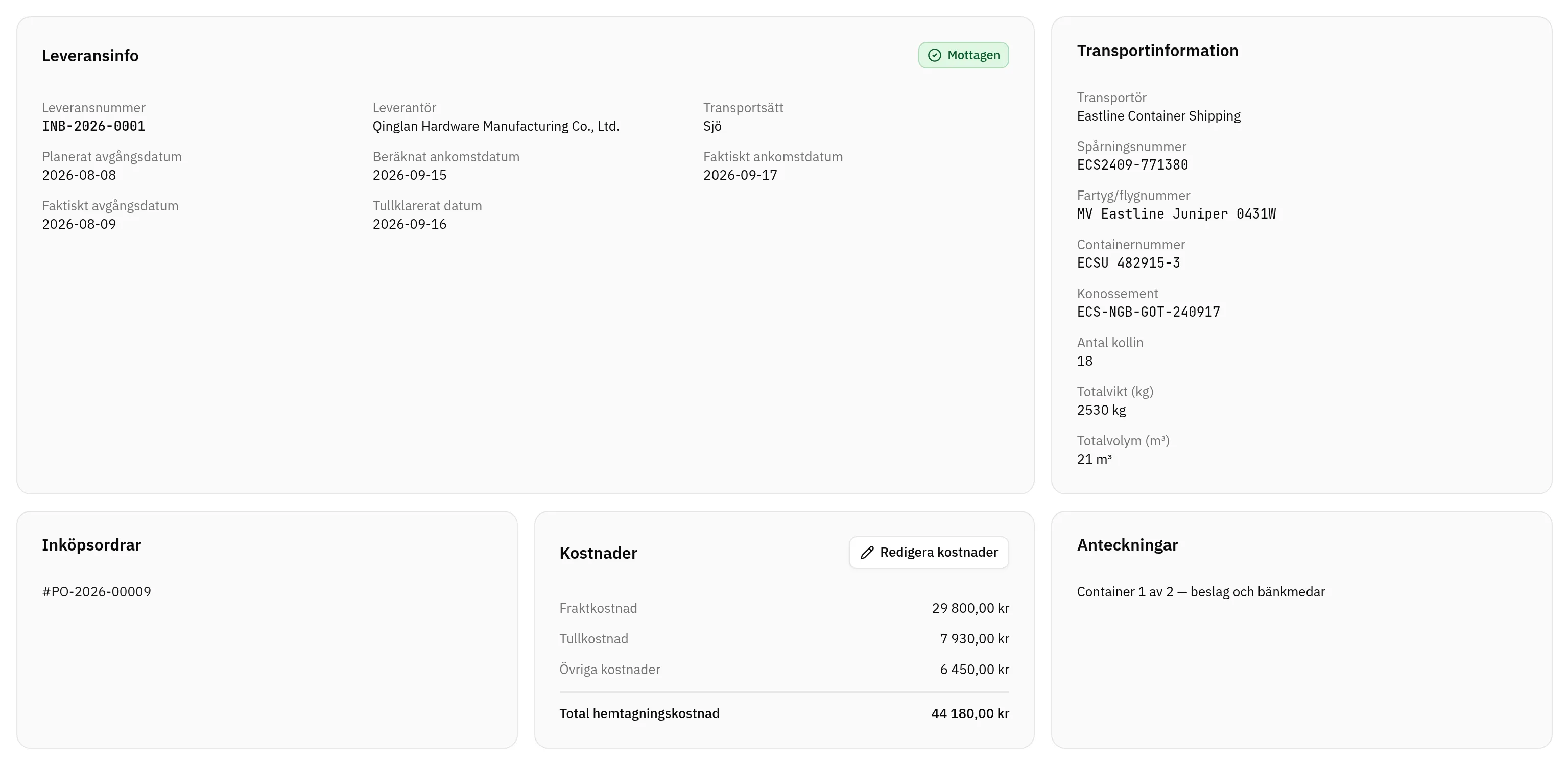 Fluit ERP: mottagen sjösändning med transportör, containernummer och tullklarering, samt frakt, tull och övriga kostnader