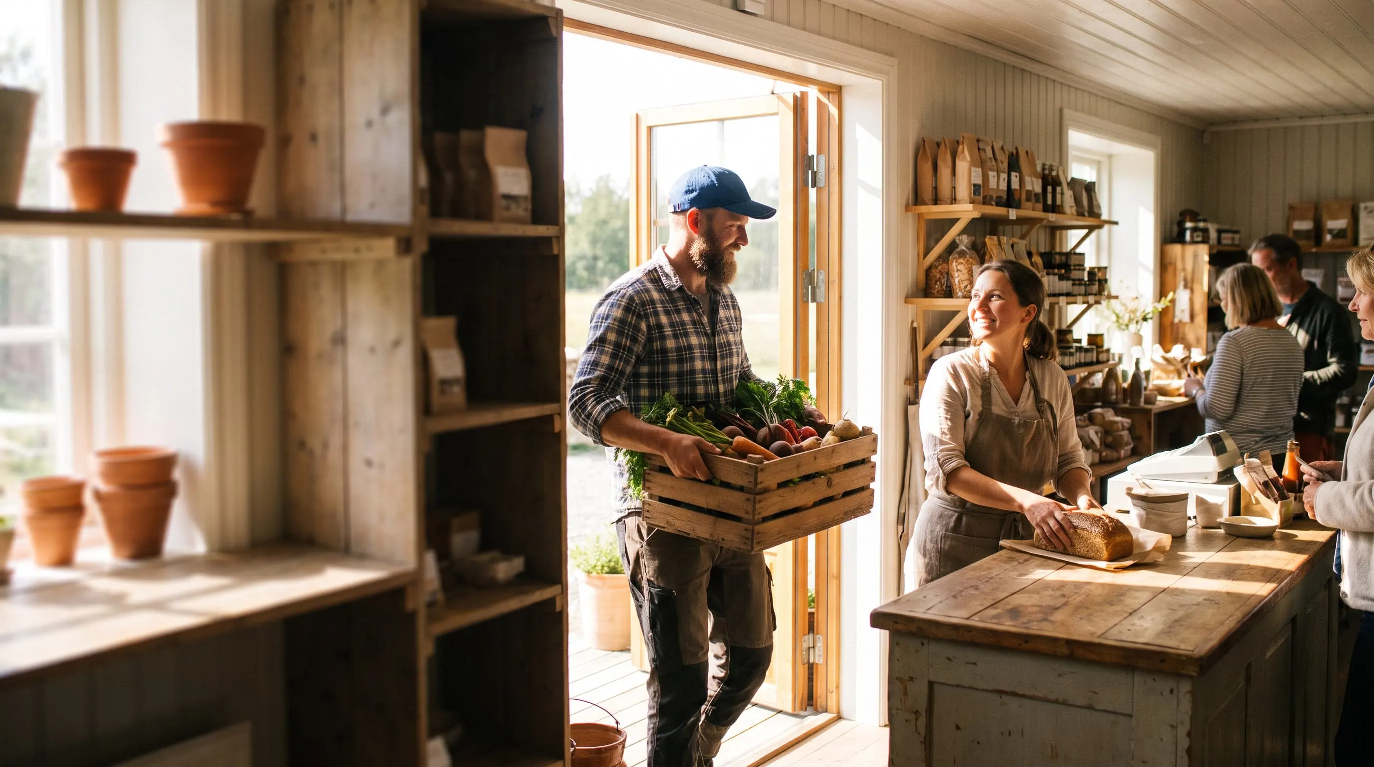 En odlare bär in en låda grönsaker i en gårdsbutik och möts av ett leende bakom disken