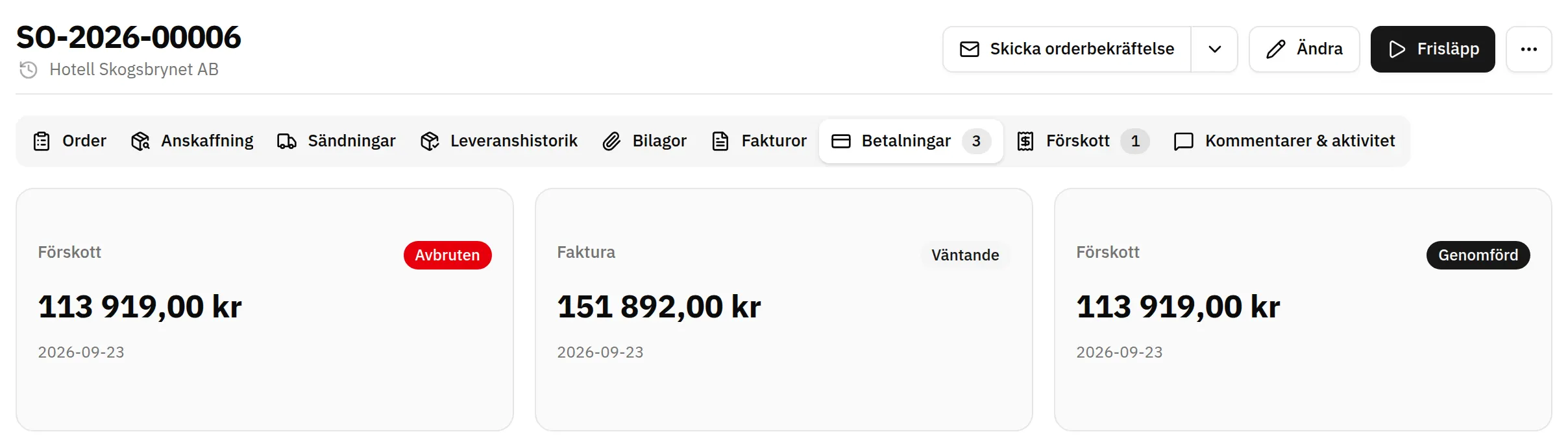 Fluit ERP: kundorderns betalningar med förskott och faktura, belopp och status