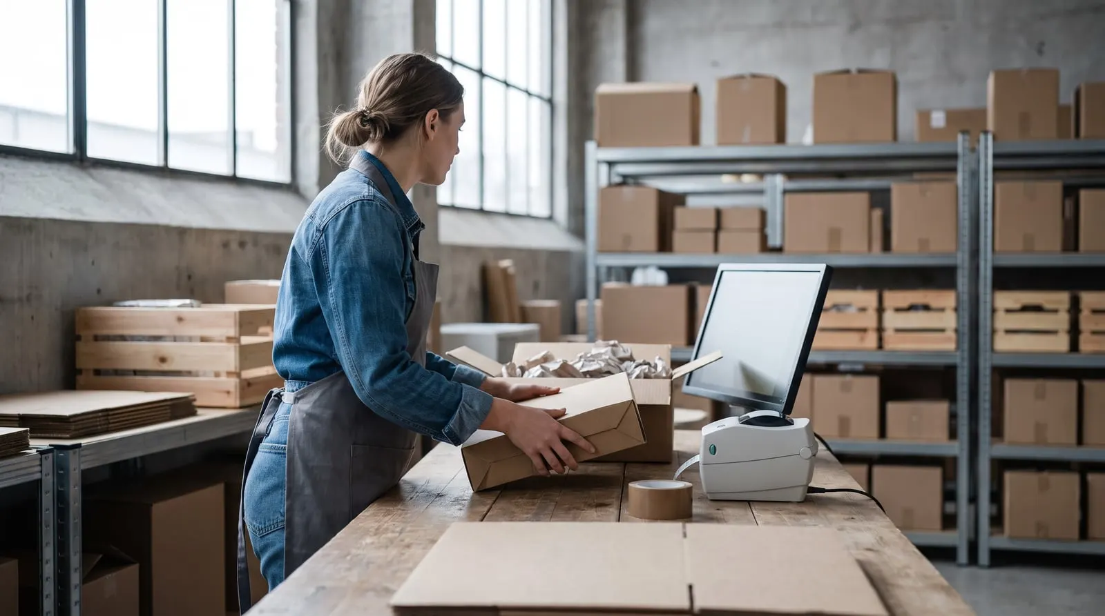 Lagermedarbetare packar en webborder vid packbordet i ett mindre lager