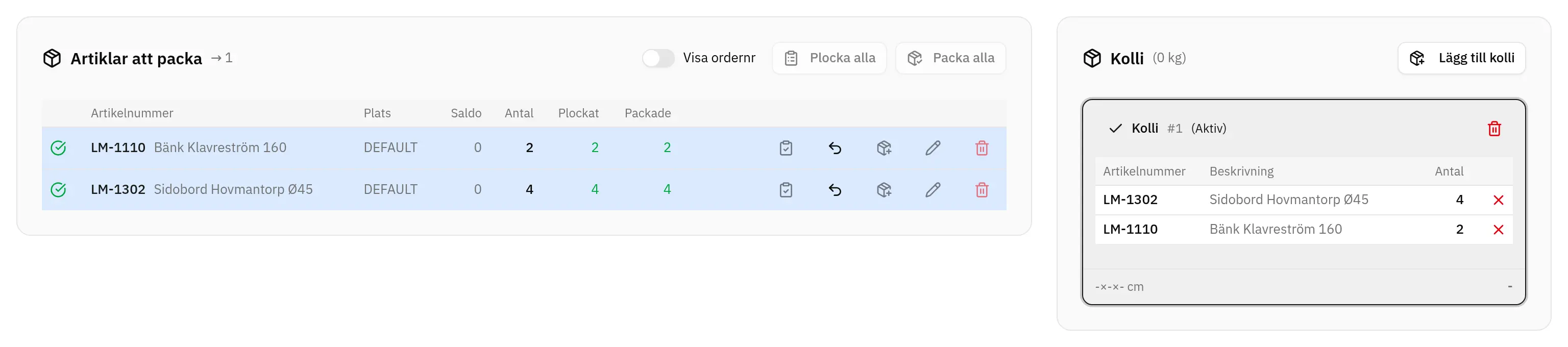 Fluit ERP: sändning med plockade och packade rader