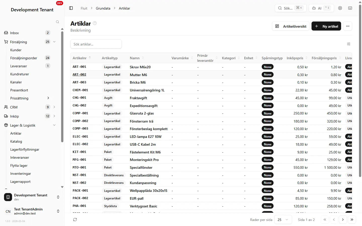 Fluit ERP — Artikellista med realtidssaldo per lagerställe