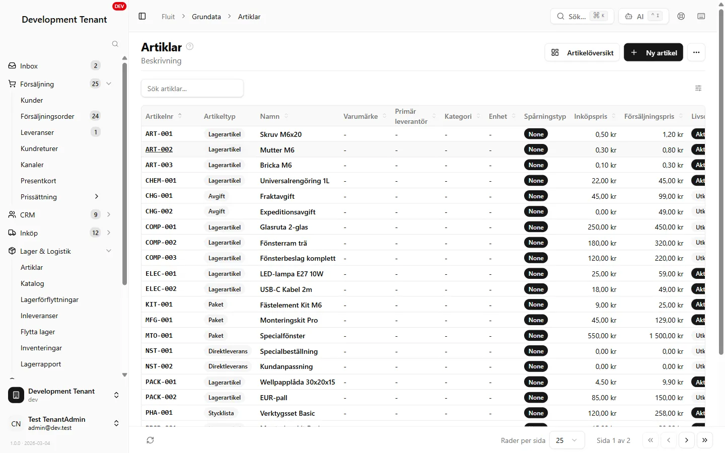 Fluit ERP — Artikellista med varianter och lagersaldo