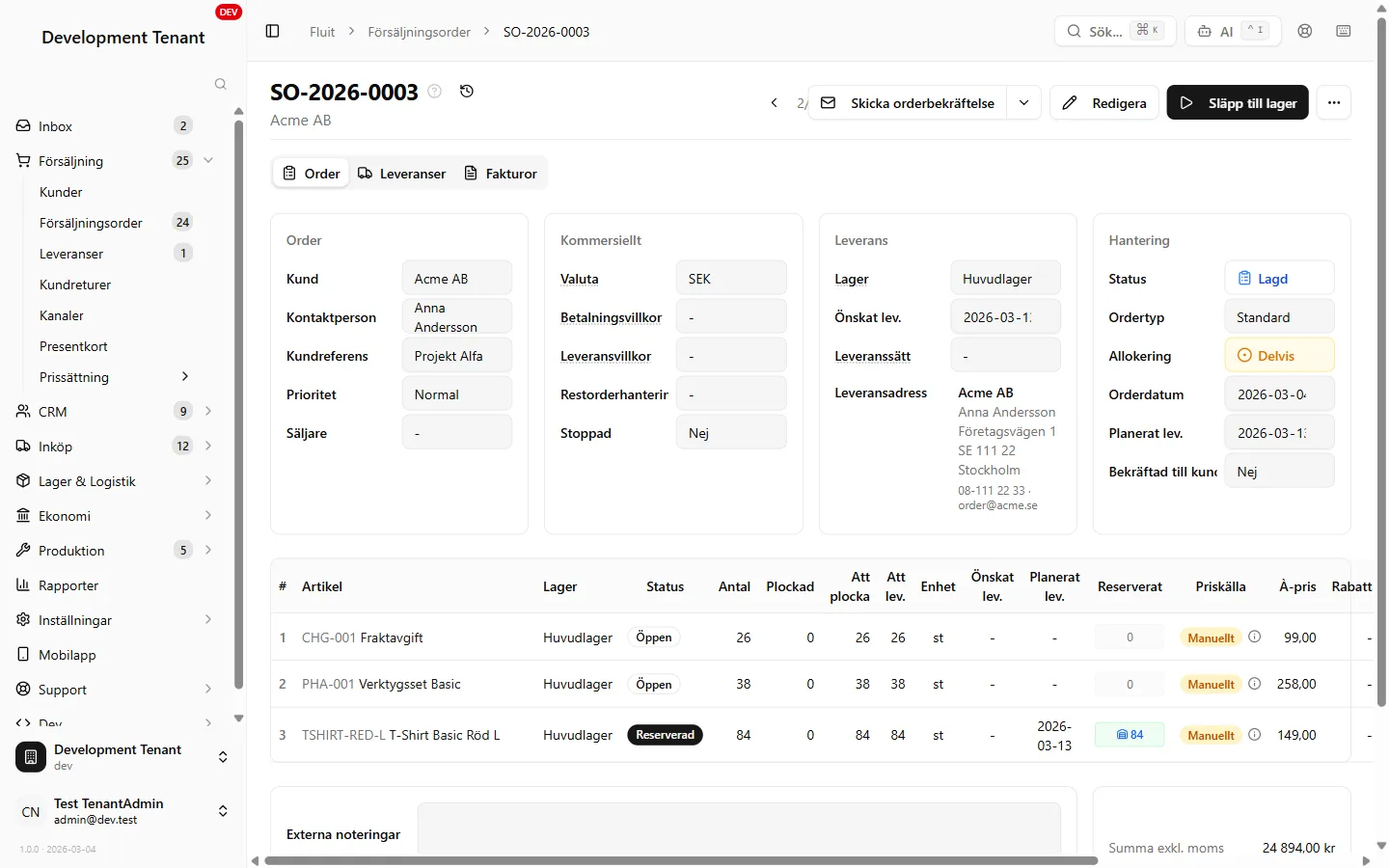 Fluit ERP — Orderdetalj med rader och allokering