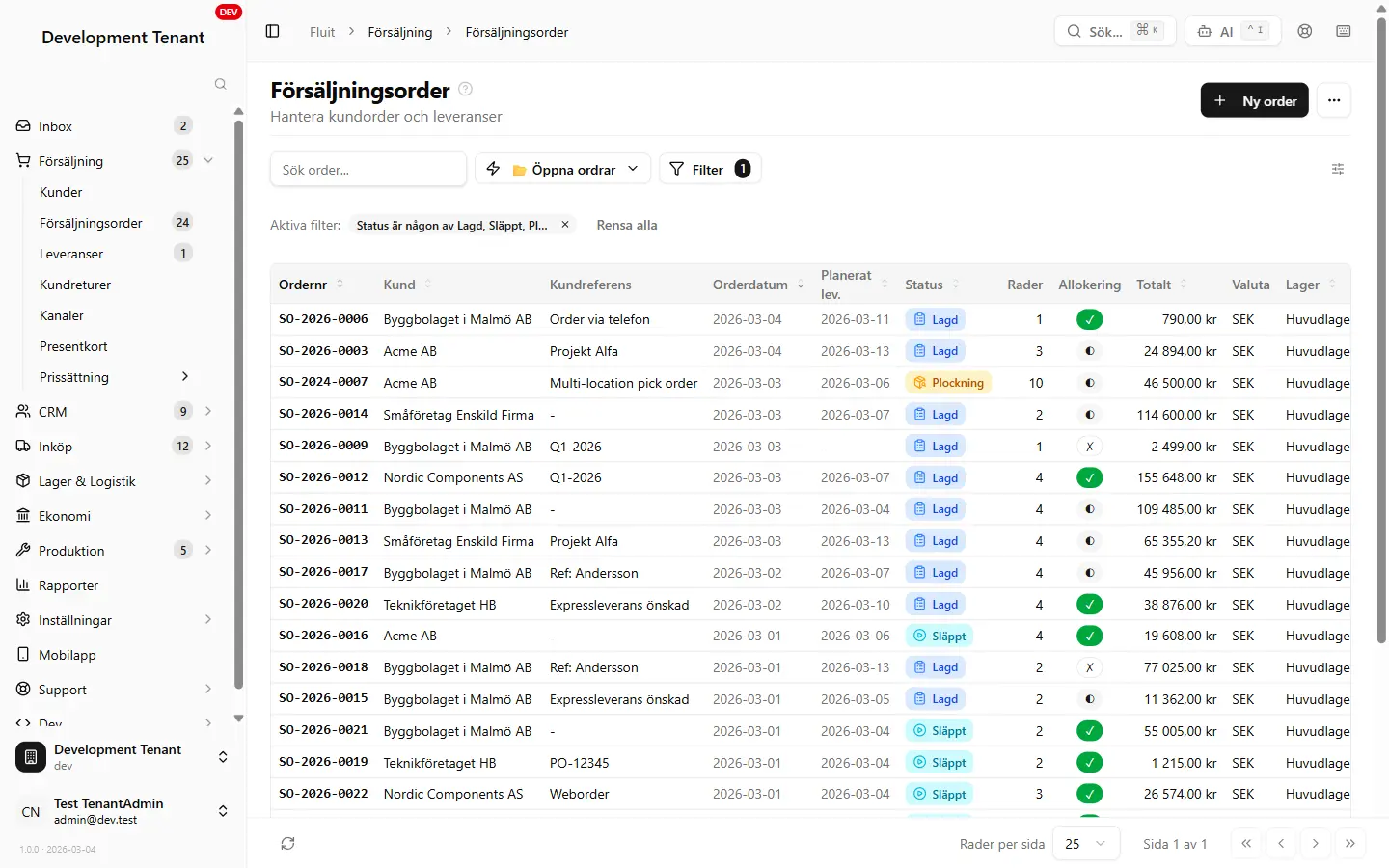 Fluit ERP — Orderlista med status och allokering