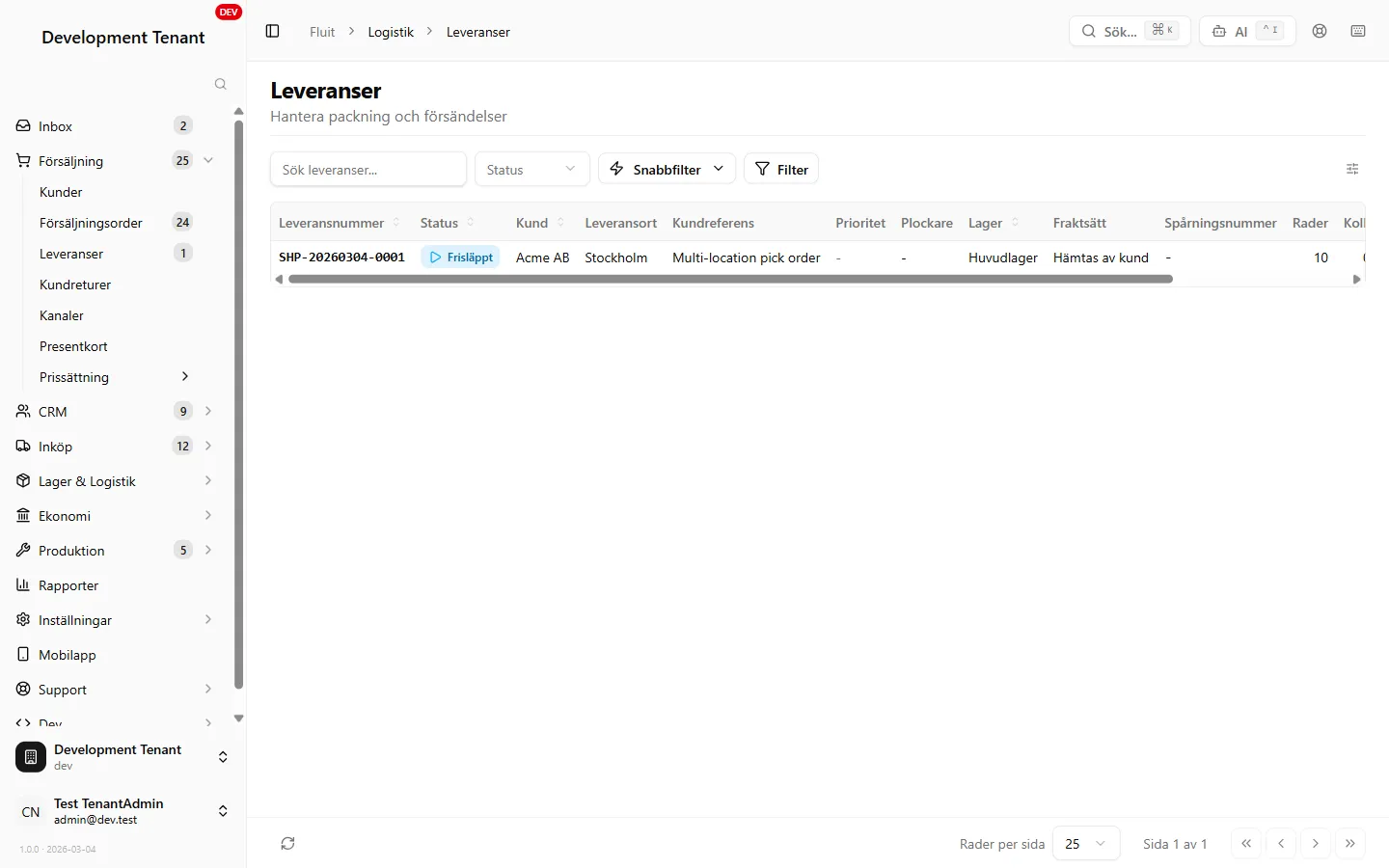 Fluit ERP — Leveranslista med fraktstatus