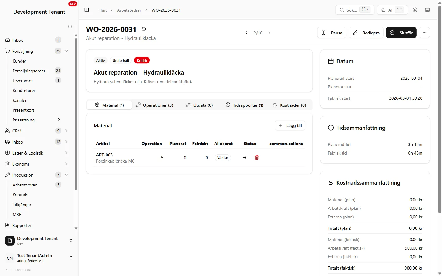 Fluit ERP — Arbetsorderdetalj med operationer och resurser